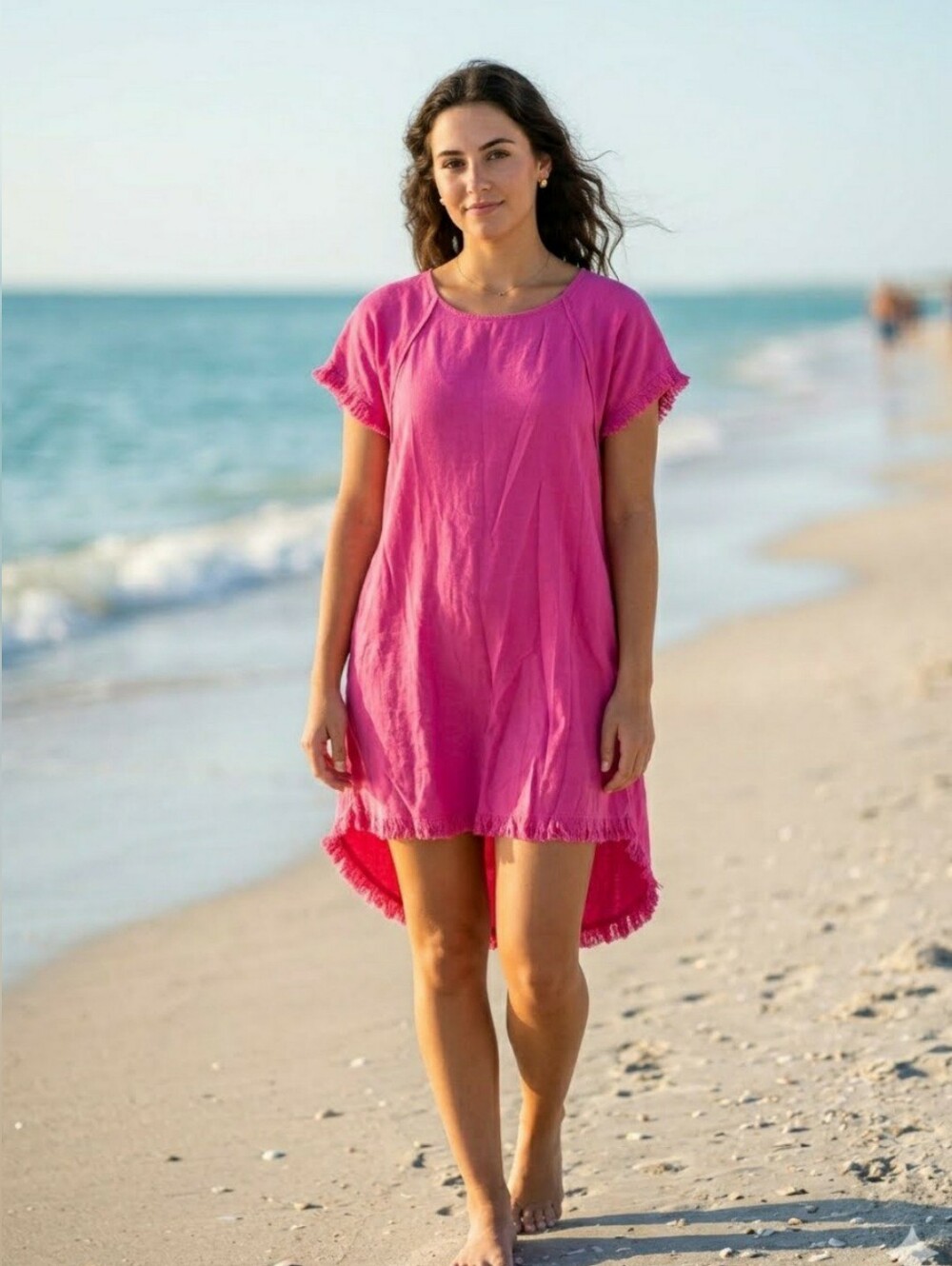 Umgee High-Low Fringe Hem Linen Blend Dress in hot pink Medium